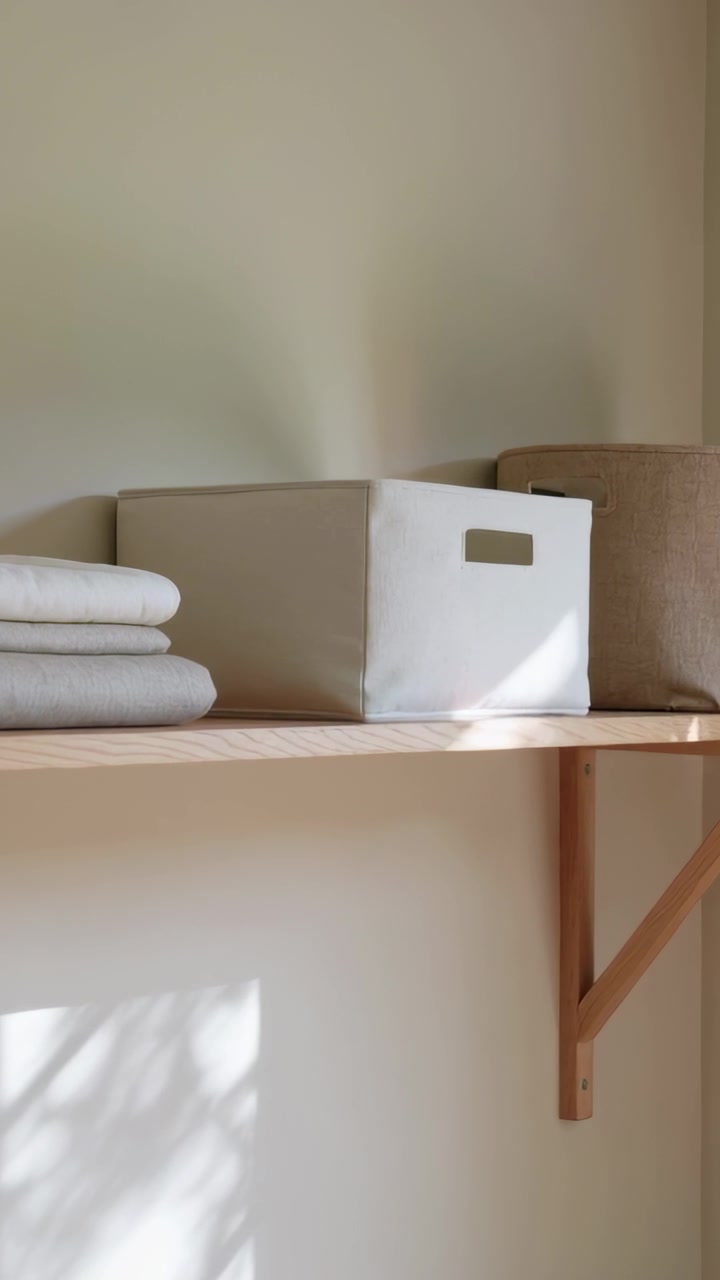 Vertical video: Showing shelf holding folded towels, fabric box and basket, sunlight moving at home