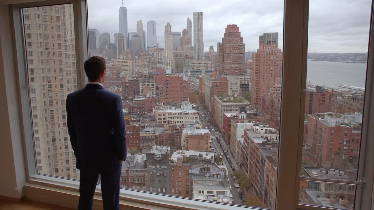 A Man in a Suit Stands Contemplatively By a Large Window Overlooking a Vibrant Urban Cityscape with Skyscrapers Amidst a Cloudy Sky