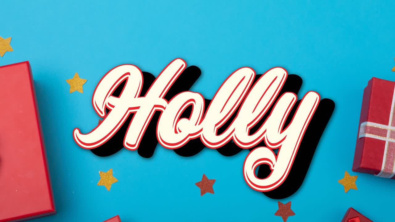 떨어지는 별과 크리스마스 선물 위에 크리스마스 홀리 텍스트의 애니메이션