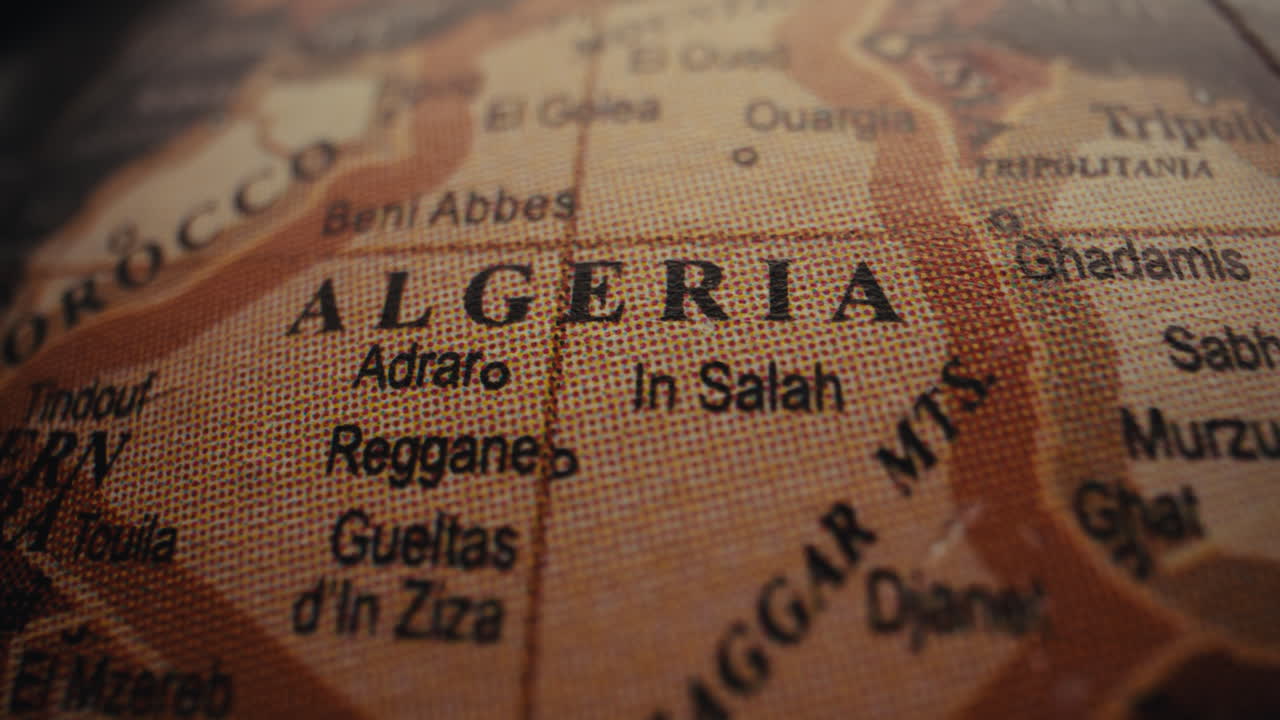 Close-up of Algeria on a world globe