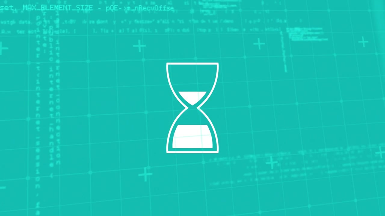 Loop starting white hourglass flipping upright or tilted, sand shifting on teal grid for processing
