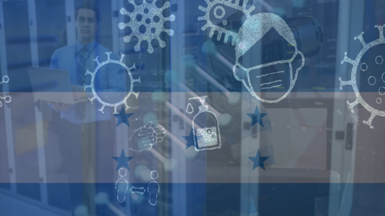 animación de iconos de pandemia y bandera de honduras sobre trabajador caucásico en la sala del servidor