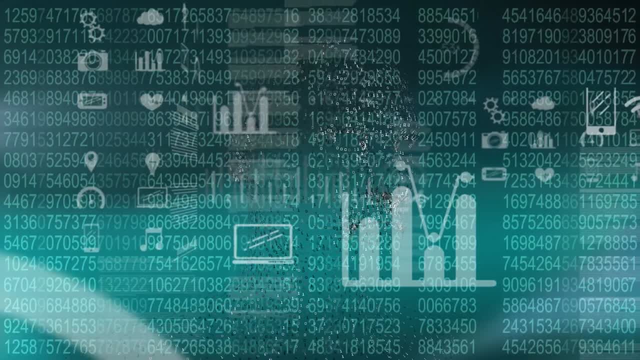 animación de iconos sobre el procesamiento de datos en fondo negro