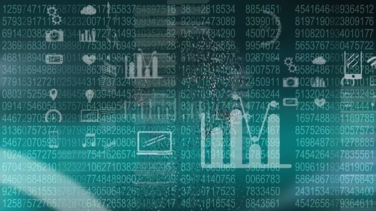 Animation of icons over data processing on black background