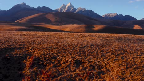 rolling hills and snowy genie mountain in golden sunlight