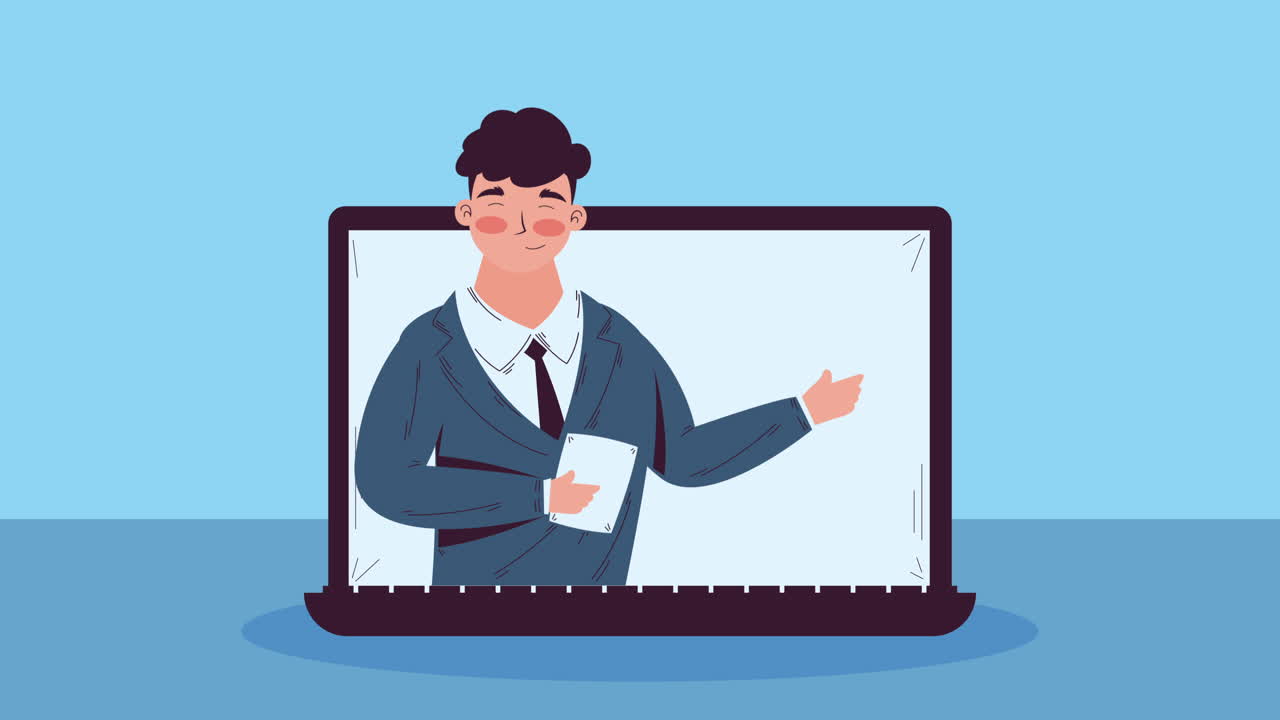 laptop with businessman character animation