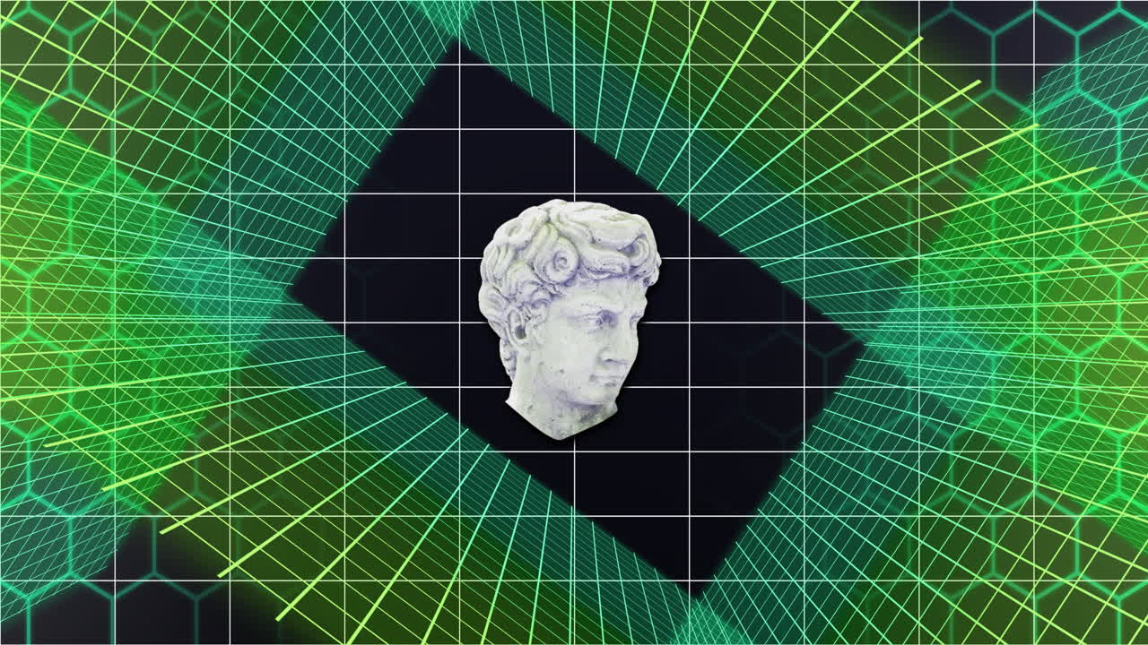 3D animation of classical statue head over green and brown grid lines