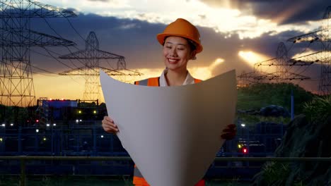 female engineer reviewing plans at power plant