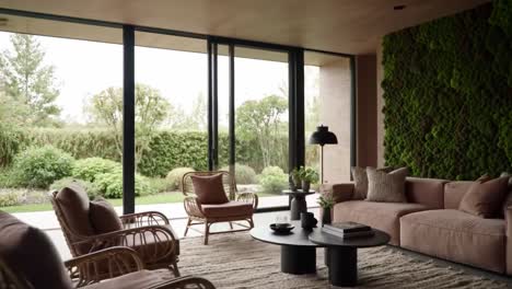 elegant modern living room with plush seating and lush greenery: a serene space blending indoor comforts with nature's tranquility