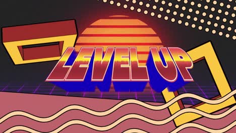 animation of level up over colorful abstract shapes with waves and squares