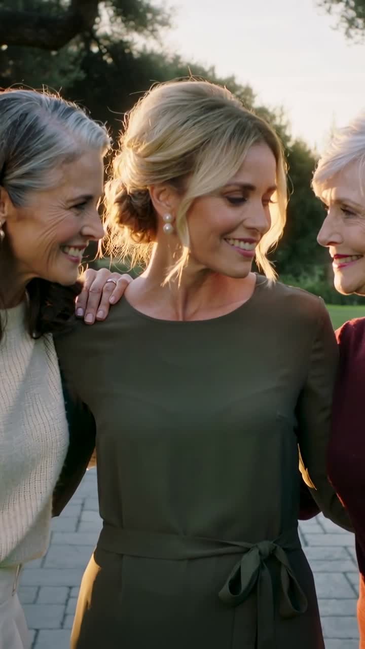 Vídeo vertical: Mulher sorrindo no centro virando-se para interagir com idosos ao pôr do sol, com vestido verde-oliva e pérolas.