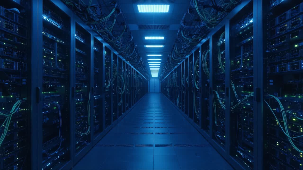A Profound Perspective of a High-Tech Server Room Showcasing Intricate Network Systems and Vibrant Blue Lighting for Optimal Performance and Connectivity