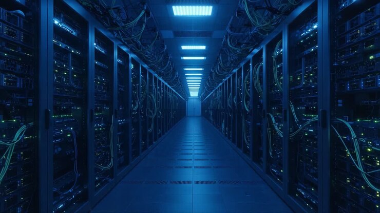 Et dybdegående perspektiv af et højteknologisk serverrum, der fremviser indviklede netværkssystemer og levende blåt lys for optimal ydeevne og forbindelse