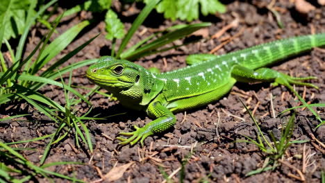 lagarto verde en el suelo del bosque