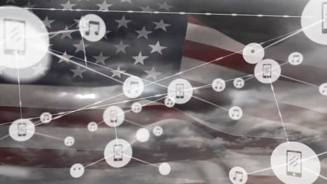 Animation-of-network-of-connection-and-icons-over-usa-flag-and-cloudy-sky