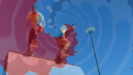 animation of colourful shapes over caucasian men skateboarding