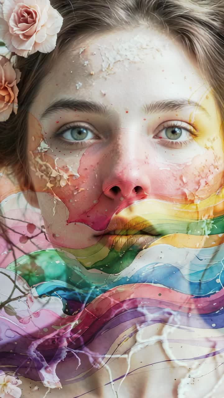 Video verticale: ritratto di una donna in posa in studio, con rosa rosa e pittura arcobaleno