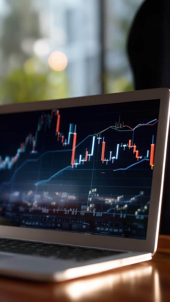 Analisi di dati finanziari su un laptop: Una vista ravvicinata delle tendenze del mercato azionario e grafici che illustrano i movimenti dei prezzi e l'attività di trading nel tempo.