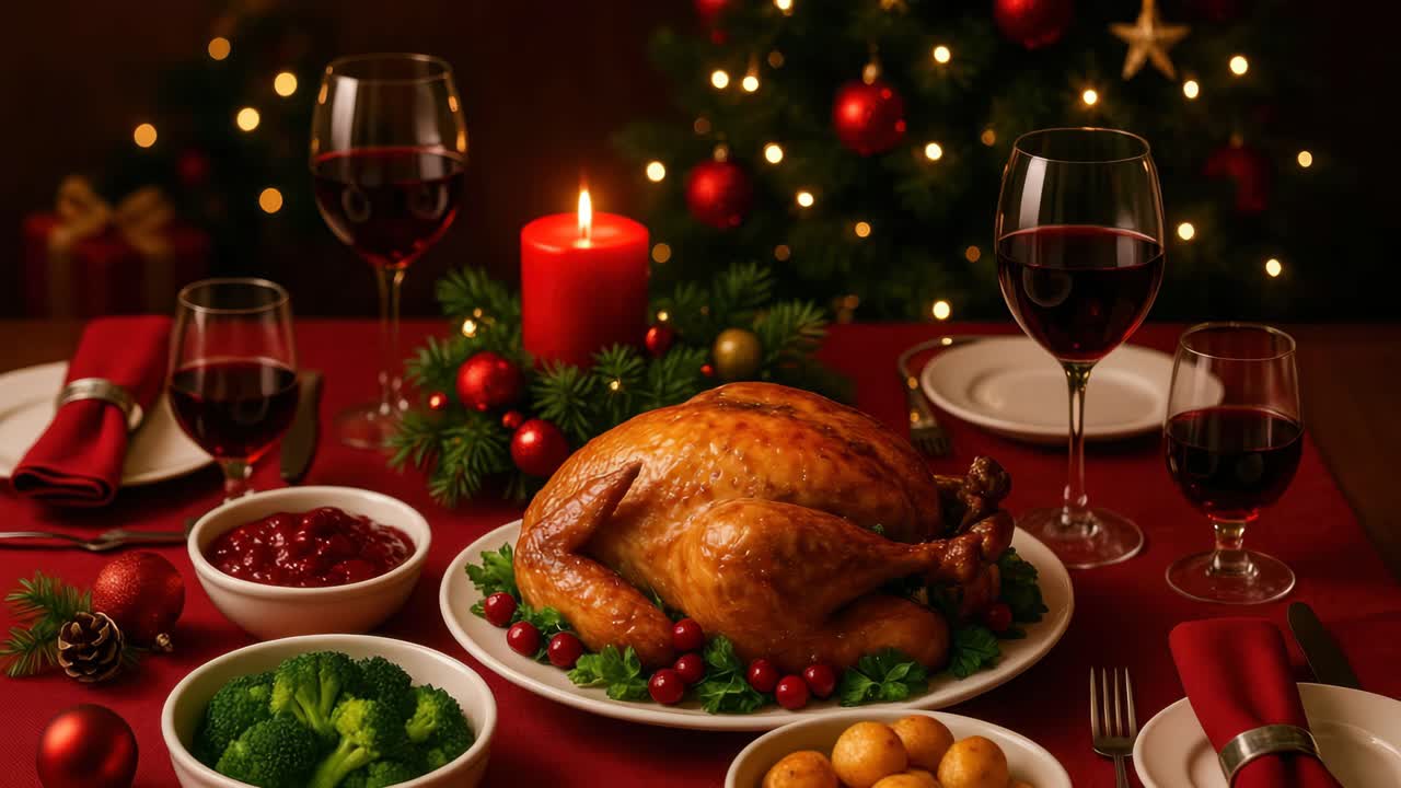 Festive dinner table with roasted turkey, wine, and holiday decor