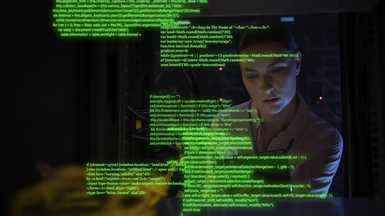 Animation of circuit board and data processing over caucasian female it engineer by computer servers