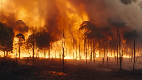 intense forest fire engulfs trees in a blaze of flames and smoke