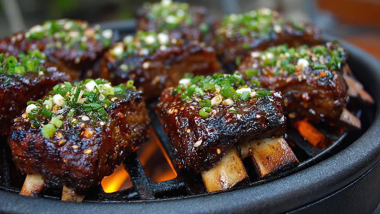Succulent Grilled Ribs with Savory Seasoning: A Culinary Delight Featuring Perfectly Charred Meaty Treats with Fresh Green Garnish and Rich Flavors