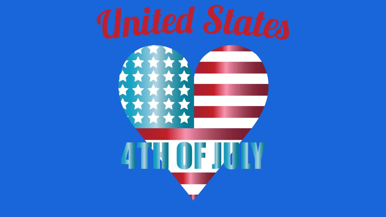 미국 국기 심장과 파란 원과  ⁇  배경에 있는 7월 4일 문자의 애니메이션