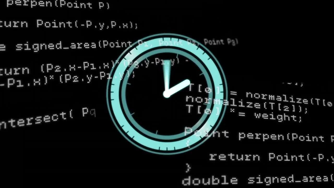 Animation of clock over data processing on black background