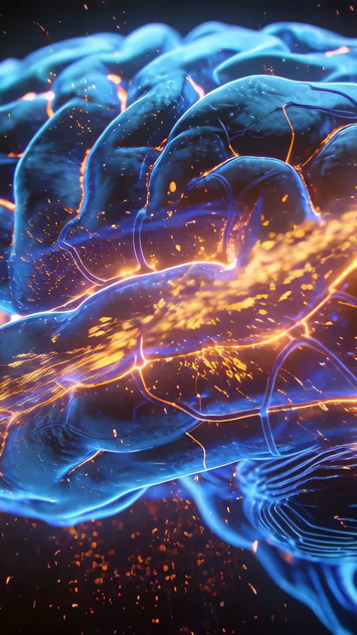 Blue brain turning, orange spark igniting particle streak across sulcus, showing neural signals
