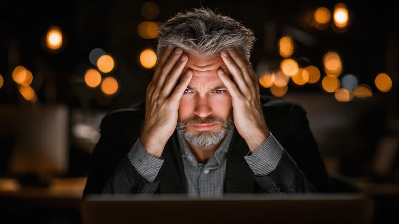 En frustreret mand med grånende hår og skæg, der kæmper for at koncentrere sig, mens han arbejder sent ved sin bærbare computer i et dæmpet oplyst miljø med slørede lys i baggrunden