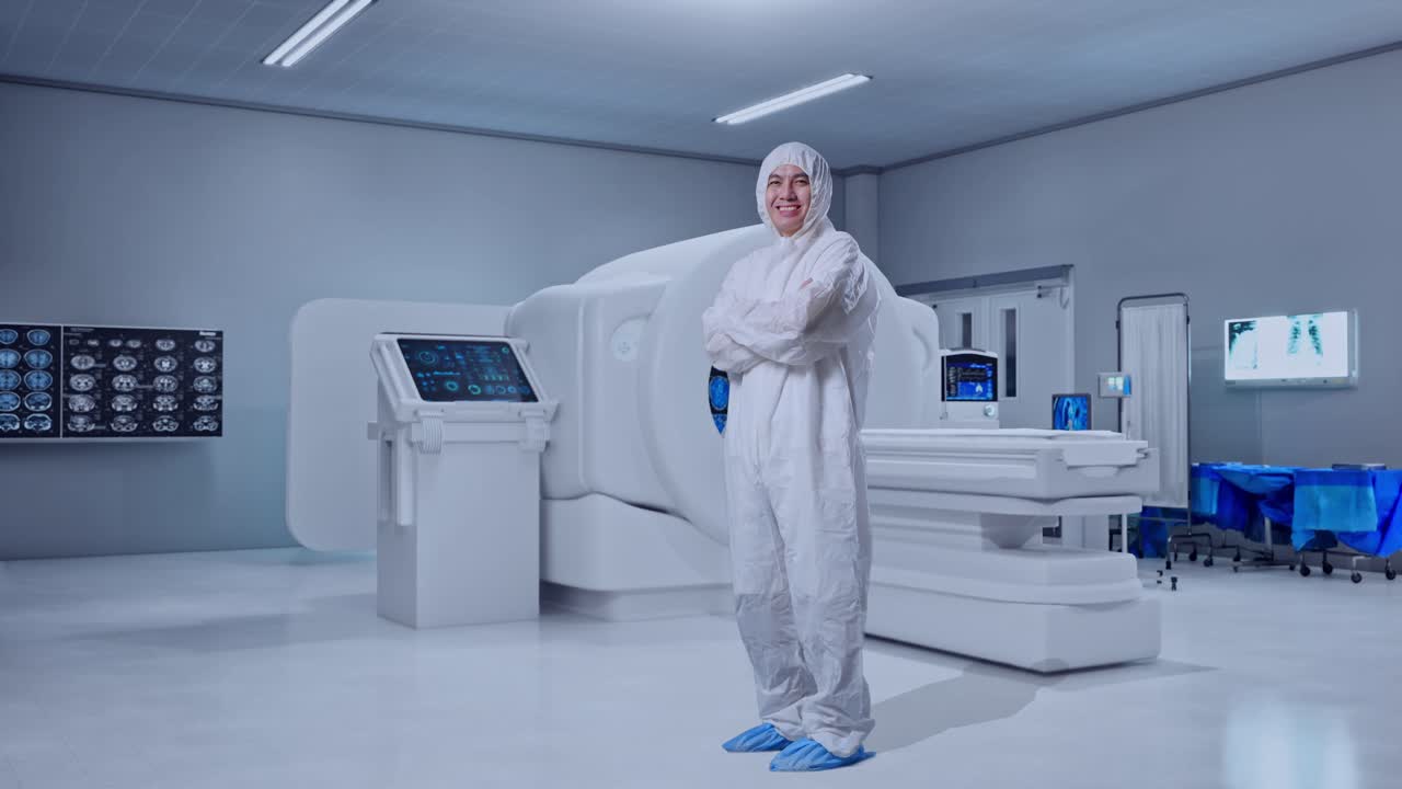 Full Body Side View Of Asian Male Scientist Crossing His Arms And Smiling With MRI Machine In The Hospital