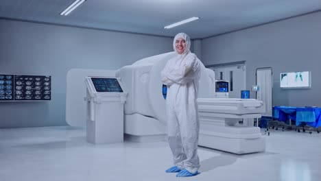 full body side view of asian male scientist crossing his arms and smiling with mri machine in the hospital