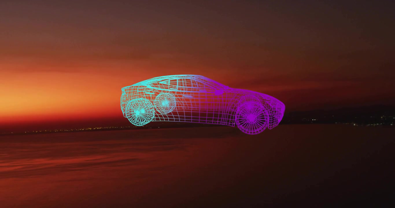 Video verticale: Animazione di un'auto in wireframe al neon che ruota sull'acqua al tramonto, rivelando i dettagli delle ruote.