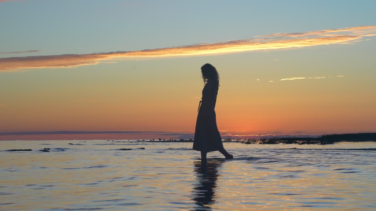 얕은 바다 해안선을 걷고 여름 드레스에 매력적인 여자