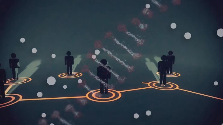 Animation of dna strand spinning with people icons and network of connections