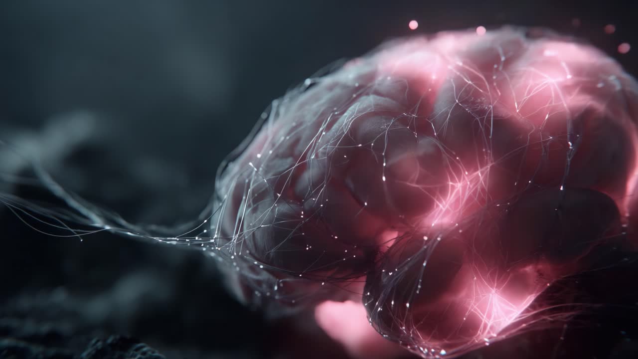 A stunning visual representation of a brain, illuminated with vibrant pink and connected by glowing networks, showcasing the intricate beauty of neural pathways and cognition