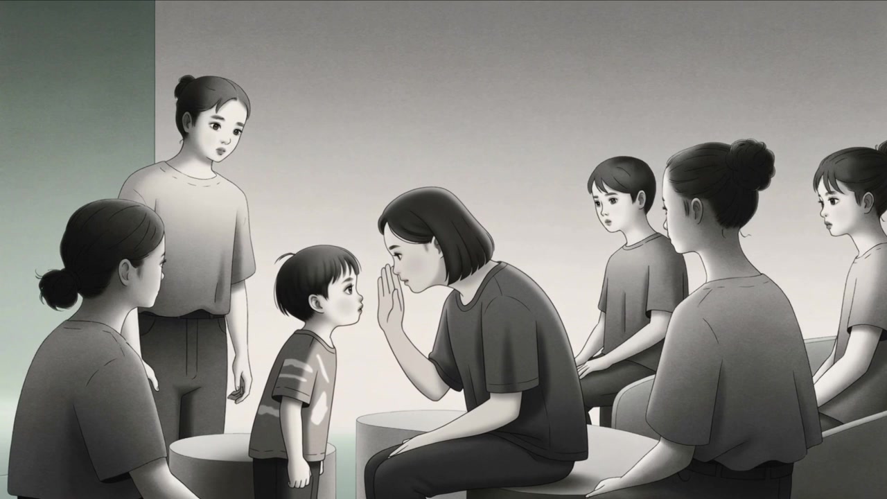 회의실 낮은 의자에 앉은 티셔츠를 입은 아이에게 몸을 숙인 여성이 위로하듯 속삭입니다.