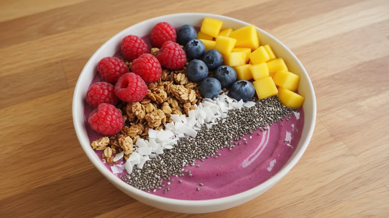 A Colorful Bowl of Smoothie Bliss: Layered with Fresh Berries, Mango, Granola, and Chia Seeds for a Healthy and Delicious Breakfast Delight