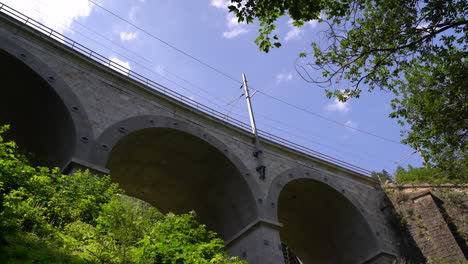 looking up at viaduct arches against blue sky with train tracks