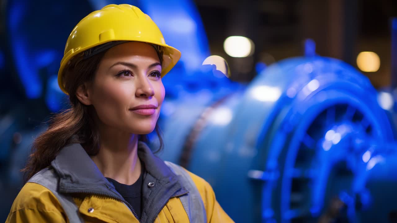 Un'ingegnera determinata con un cappello si trova in un ambiente industriale moderno, analizzando i macchinari con intensa concentrazione, dimostrando il suo impegno per l'innovazione e la tecnologia nel settore.