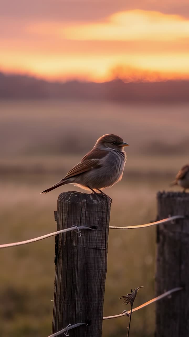 Video verticale: un uccello che si sposta, gonfia il petto e apre il becco su un palo consumato con filo metallico all'alba
