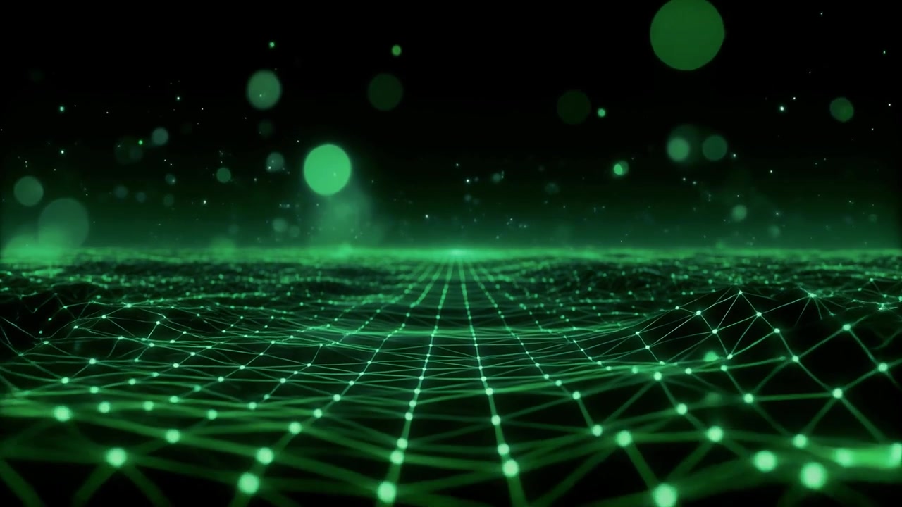 Abstract Digital Network Grid with Glowing Green Lines and Dots