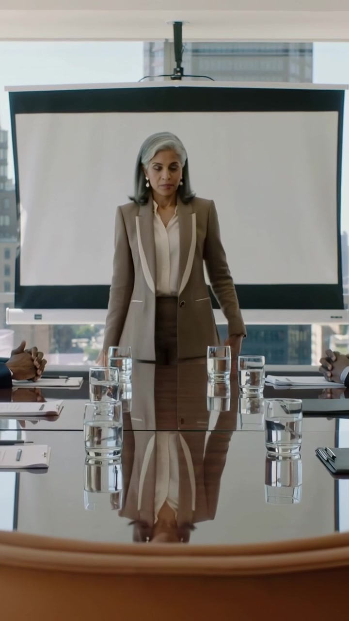 Vertical video: Presenting exec in tan suit walking as screen lowers in boardroom, with glass table