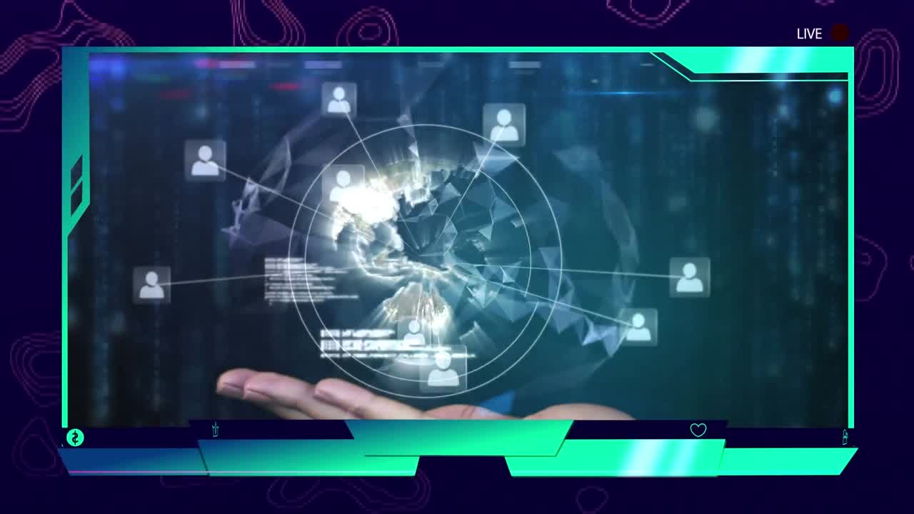 화면에 아이콘과 지구공을 가진 연결 네트워크의 애니메이션