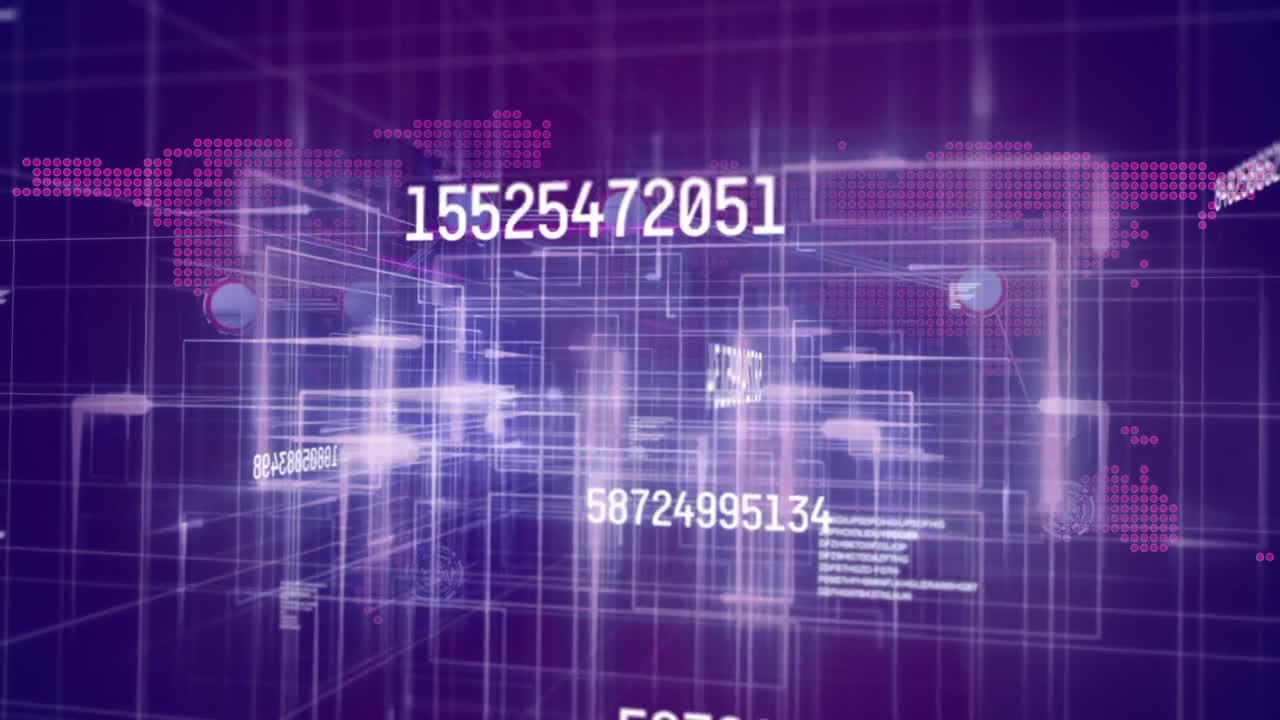 Animation of numbers changing data processing against world map and grid