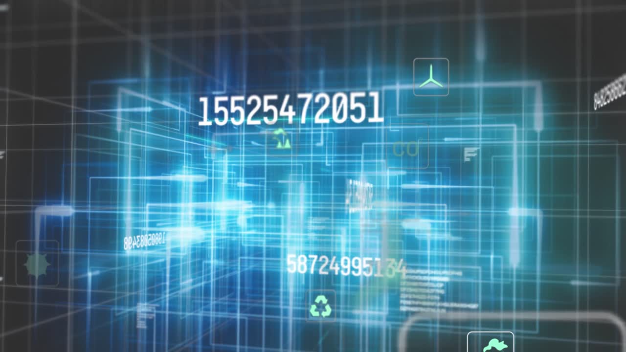 회색 배경에 여러 번 변하는 숫자와 파란색 연결 빛 트레일의 애니메이션