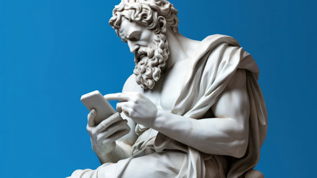 A classical statue of a bearded man using a smartphone, shot from a side angle