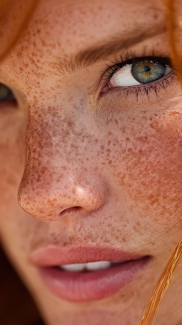 A Close-Up Portrait Capturing the Unique Beauty of Freckled Skin and Intense Eye Expression, Celebrating Natural Features and Individuality