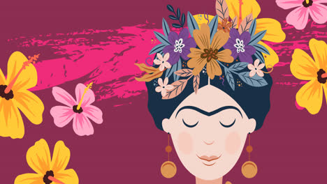 digital animation of multiple flowers and woman icon against pink background