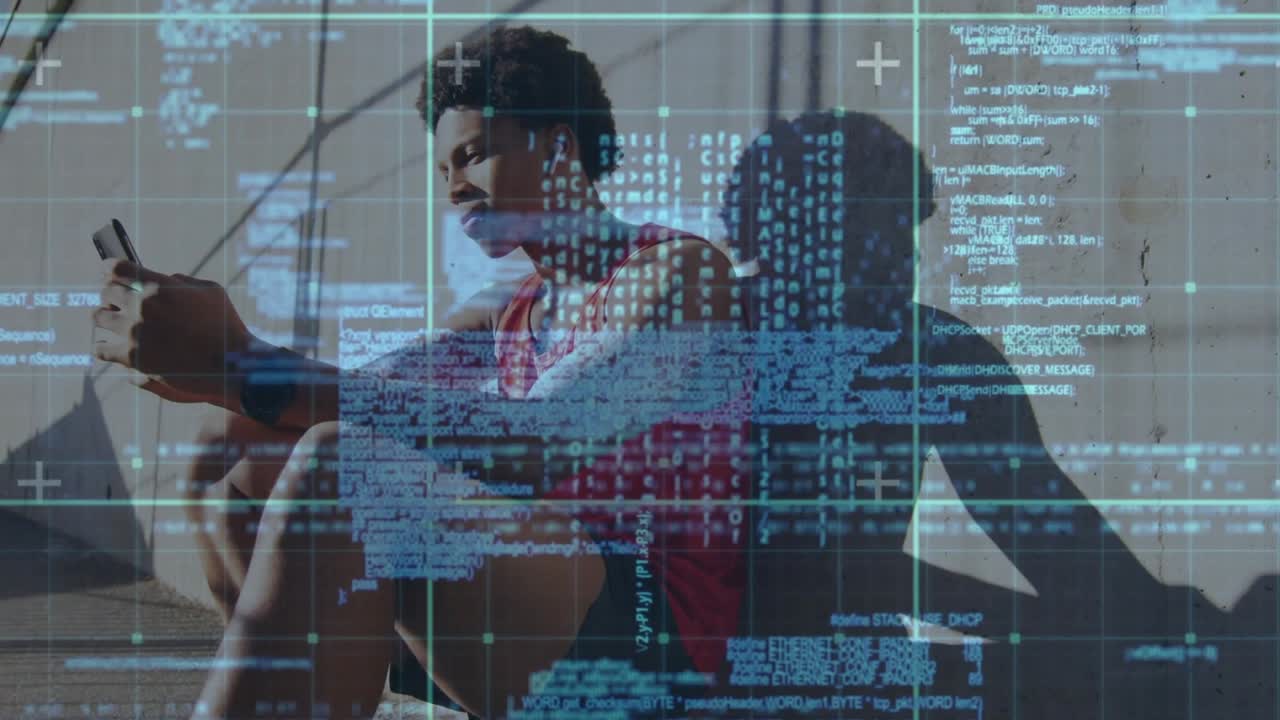 Male athlete tapping smartphone screen on court, activating sports tech overlay visualizing stats